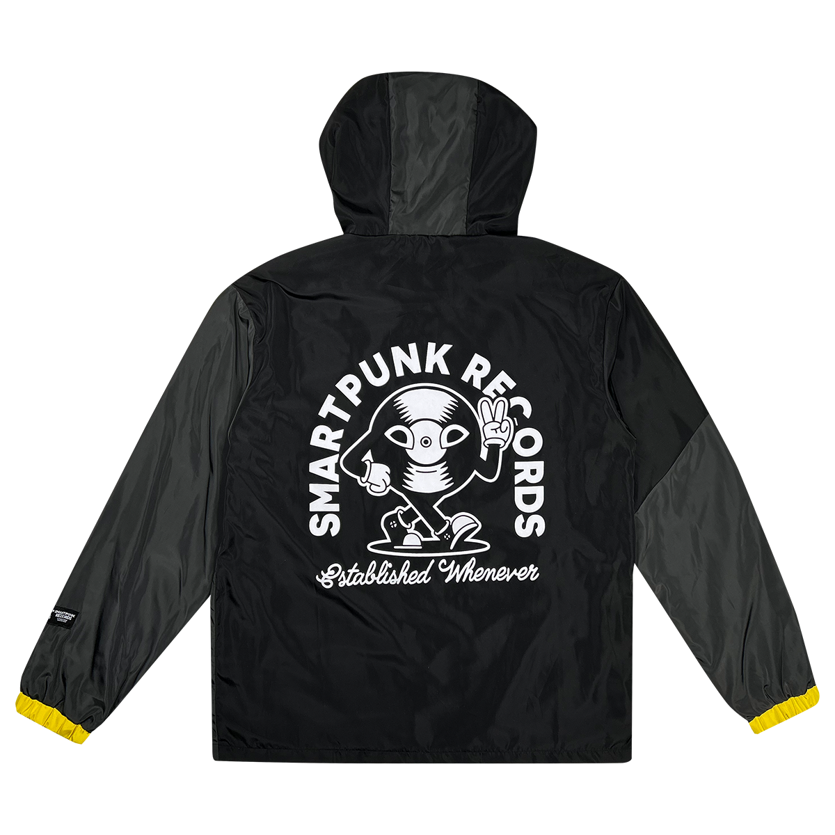 Black and grey windbreaker with yellow accents and stacked "Smartpunk" logo RONT