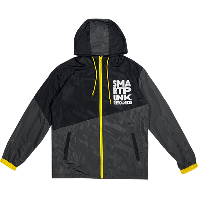 Black and grey windbreaker with yellow accents and stacked "Smartpunk" logo RONT