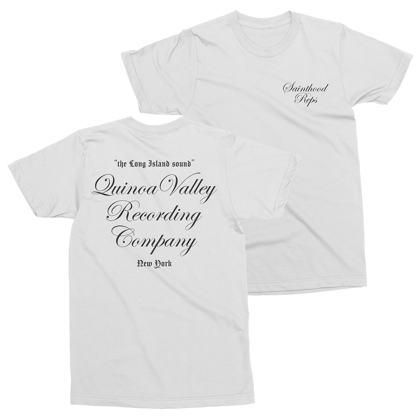Sainthood Reps white tshirt with "Quinoa Valley recording company" script on back
