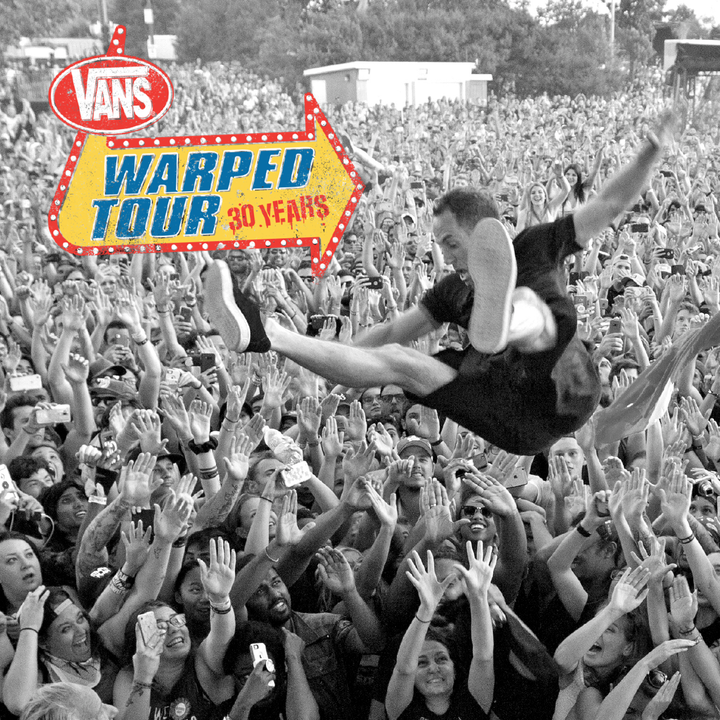 Vans Warped Tour 2025 CD Compilation Cover, including black and white image of CHUCK COMEAU OF SIMPLE PLAN jumping into crowd and warped tour logo