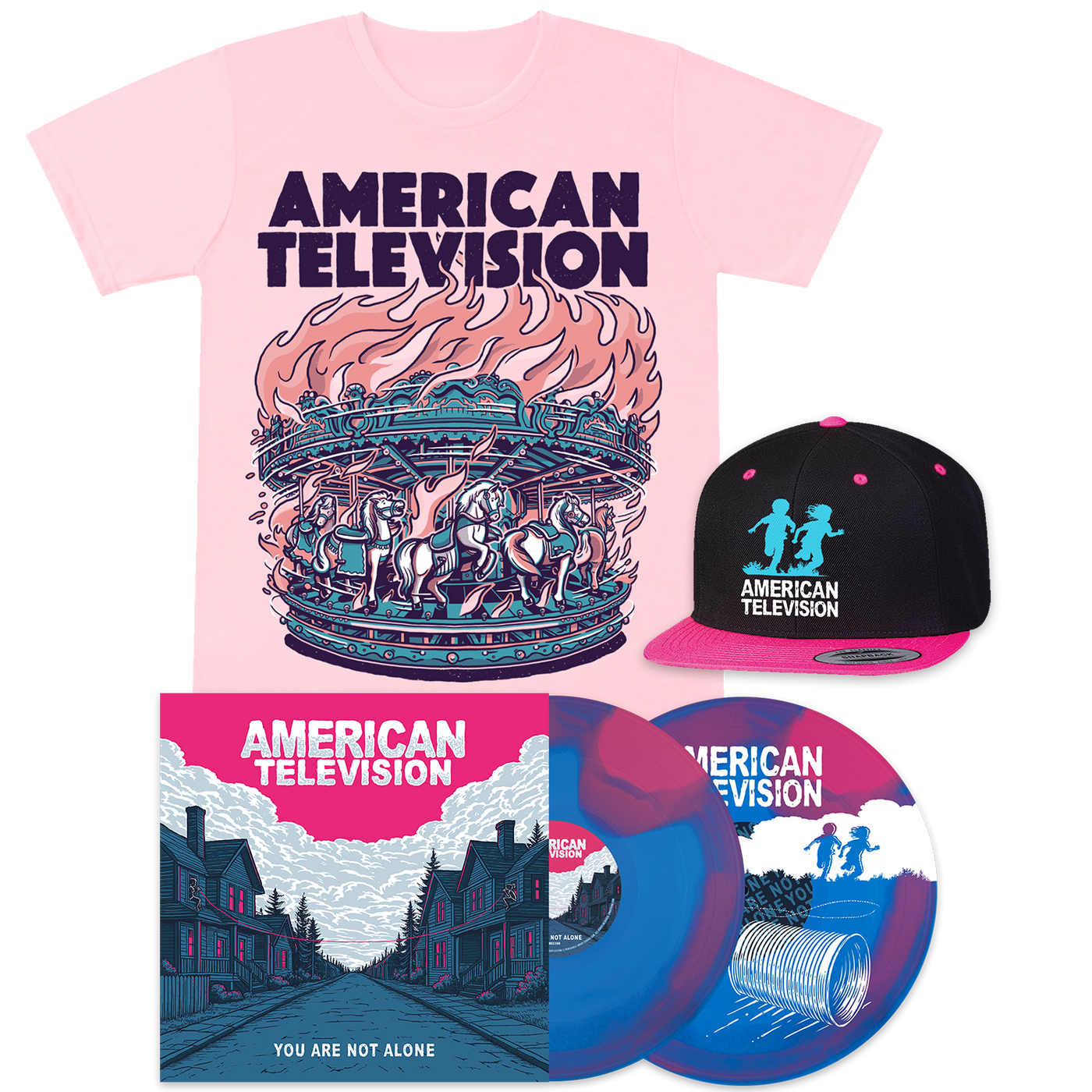 American Television pink tshirt, dad cap, and "You Are Not Alone" 12" 