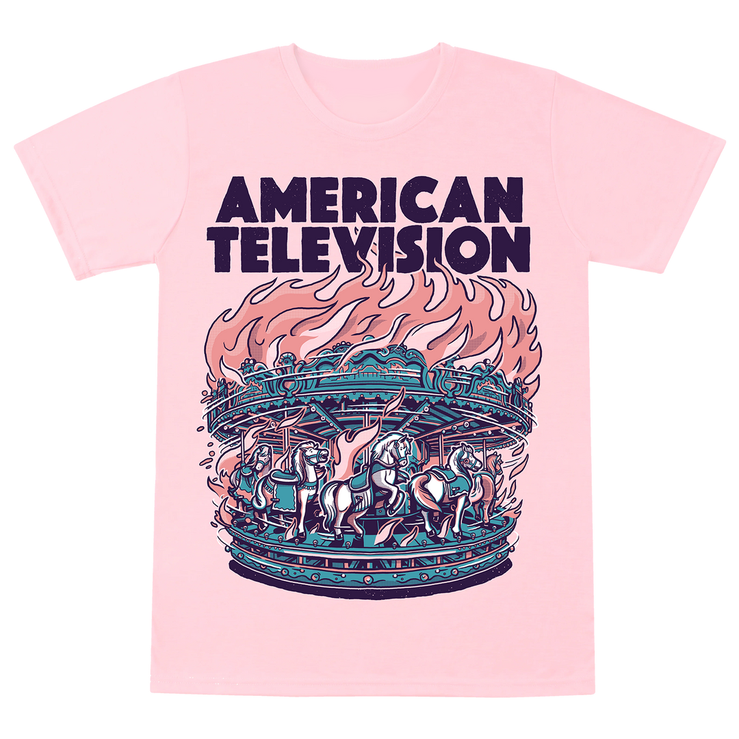 American Television pink t-shirt with flaming carousel 