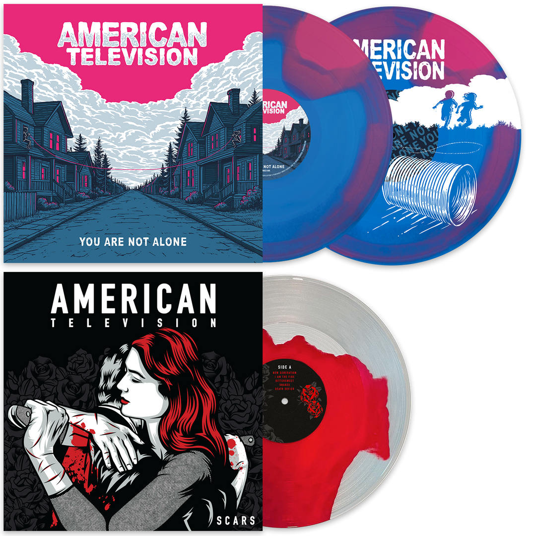 American Television "SCARS" Red inside Clear and "You Are Not Alone"
Hot Pink/Sky Blue Smash Vinyl 
